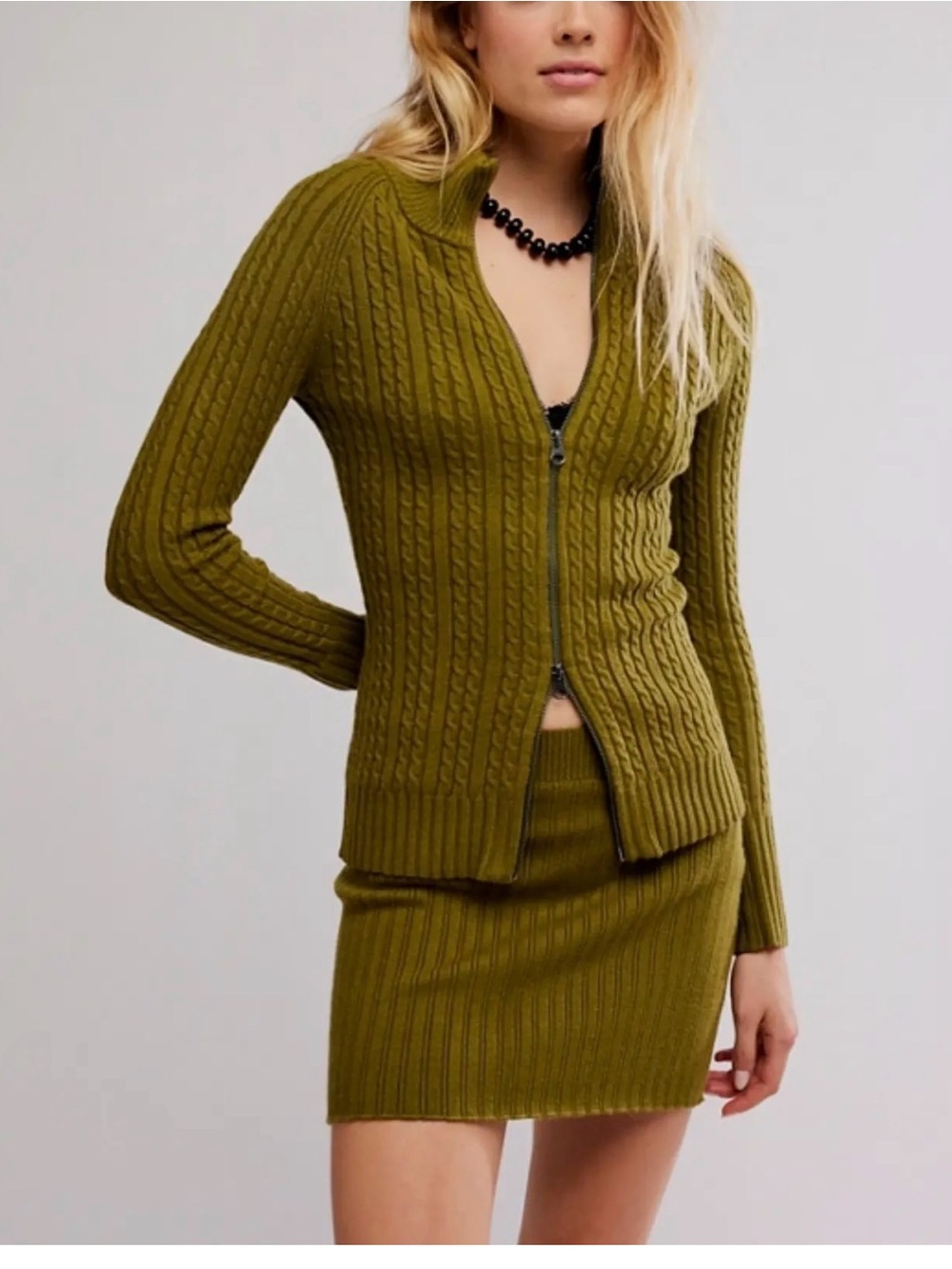 Free People Eliza Mini Skirt Sweater Set in olive